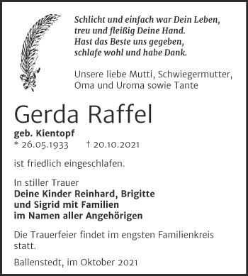 Traueranzeige von Gerda Raffel von Trauerkombi Quedlinburg