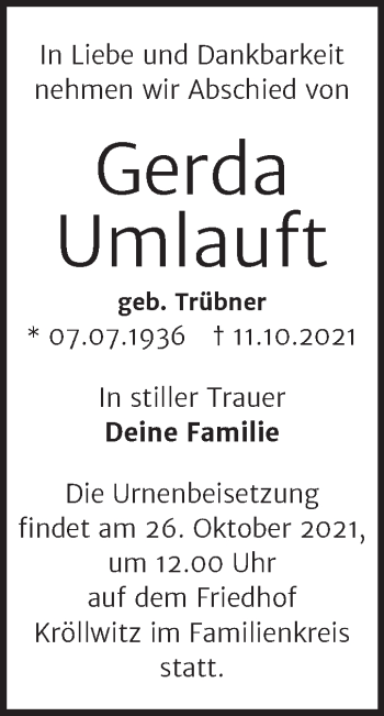 Traueranzeige von Gerda Umlauft von Mitteldeutsche Zeitung Halle/Saalkreis