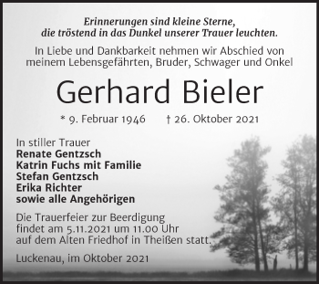 Traueranzeige von Gerhard Bieler von Trauerkombi Weißenfels