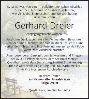 Traueranzeige von Gerhard Dreier von Trauerkombi Quedlinburg