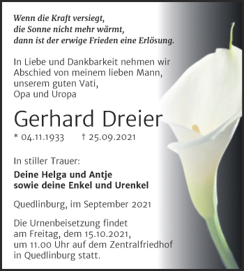 Traueranzeige von Gerhard Dreier von Trauerkombi Quedlinburg