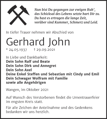 Traueranzeige von Gerhard John von Wochenspiegel Naumburg/Nebra