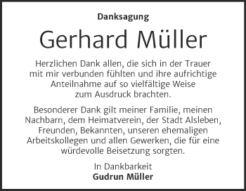 Traueranzeige von Gerhard Müller von Trauerkombi Bernburg
