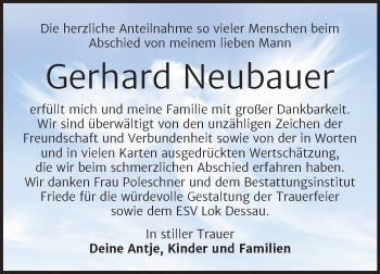 Traueranzeige von Gerhard Neubauer von Trauerkombi Dessau
