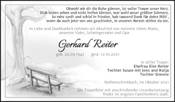 Traueranzeige von Gerhard Reiter von Trauerkombi Mansfelder Land
