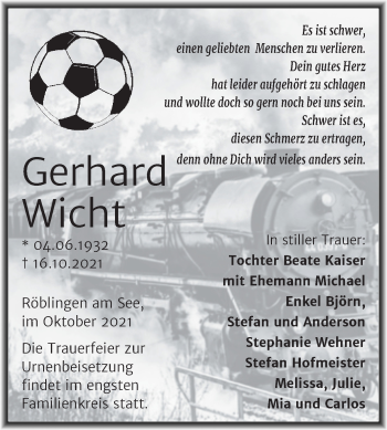 Traueranzeige von Gerhard Wicht von Trauerkombi Mansfelder Land