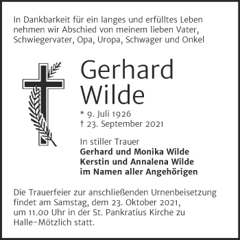Traueranzeige von Gerhard Wilde von Mitteldeutsche Zeitung Halle/Saalkreis