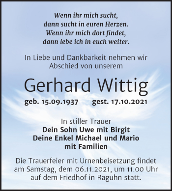 Traueranzeige von Gerhard Wittig von Trauerkombi Bitterfeld