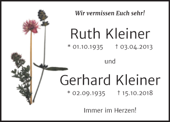 Traueranzeige von Gerhard und Ruth Kleiner von Trauerkombi Bitterfeld