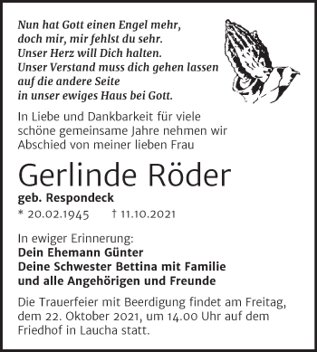 Traueranzeige von Gerlinde Röder von Naumburger Tageblatt