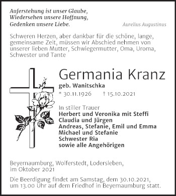 Traueranzeige von Germania Kranz von Trauerkombi Sangerhausen