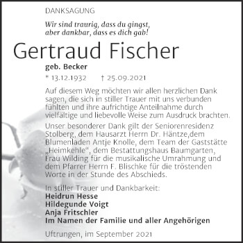 Traueranzeige von Gertraud Fischer von Trauerkombi Sangerhausen