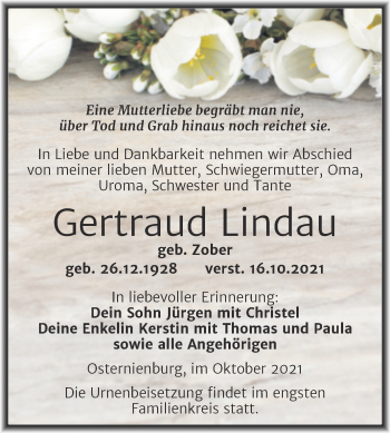 Traueranzeige von Gertraud Lindau von Trauerkombi Köthen