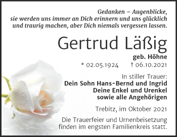 Traueranzeige von Gertrud Läßig von Trauerkombi Wittenberg