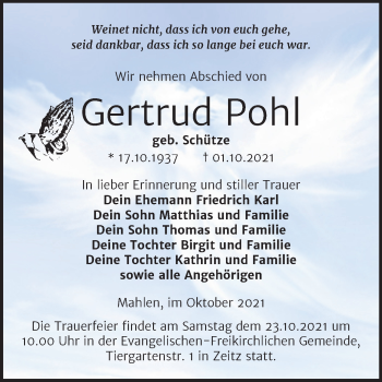 Traueranzeige von Gertrud Pohl von Trauerkombi Zeitz
