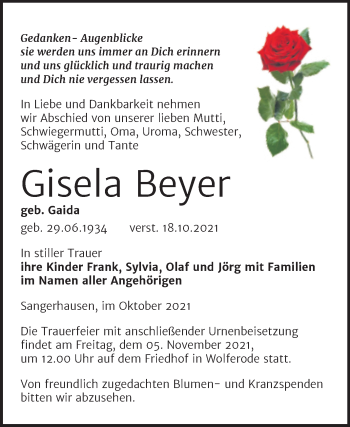 Traueranzeige von Gisela Beyer von Trauerkombi Sangerhausen