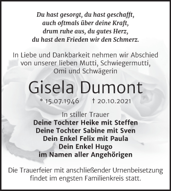 Traueranzeige von Gisela Dumont von Trauerkombi Bitterfeld