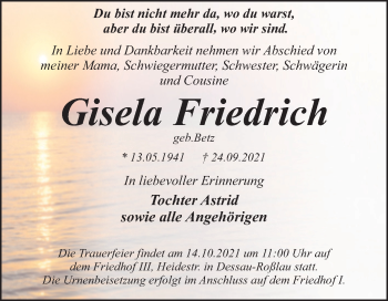 Traueranzeige von Gisela Friedrich von Trauerkombi Dessau