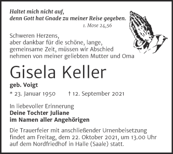 Traueranzeige von Gisela Keller von Mitteldeutsche Zeitung Halle/Saalkreis