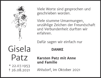Traueranzeige von Gisela Patz von Trauerkombi Mansfelder Land