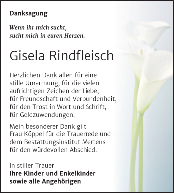 Traueranzeige von Gisela Rindfleisch von Wochenspiegel Naumburg/Nebra