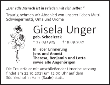 Traueranzeige von Gisela Unger von Mitteldeutsche Zeitung Halle/Saalkreis