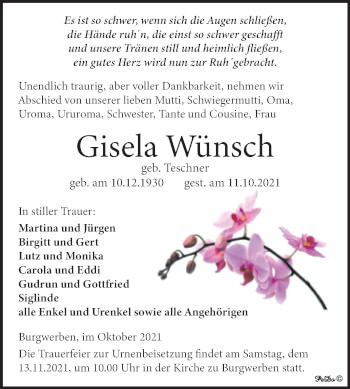 Traueranzeige von Gisela Wünsch von Trauerkombi Weißenfels