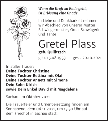 Traueranzeige von Gretel Plass von Trauerkombi Wittenberg