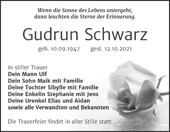 Traueranzeige von Gudrun Schwarz von Trauerkombi Wittenberg