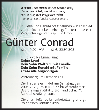 Traueranzeige von Günter Conrad von Trauerkombi Wittenberg