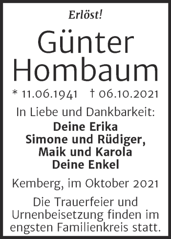 Traueranzeige von Günter Hombaum von Trauerkombi Wittenberg