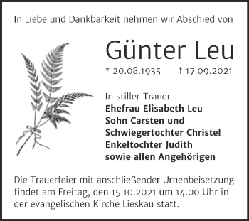 Traueranzeige von Günter Leu von Mitteldeutsche Zeitung Halle/Saalkreis