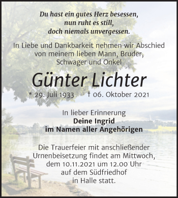 Traueranzeige von Günter Lichter von Mitteldeutsche Zeitung Halle/Saalkreis