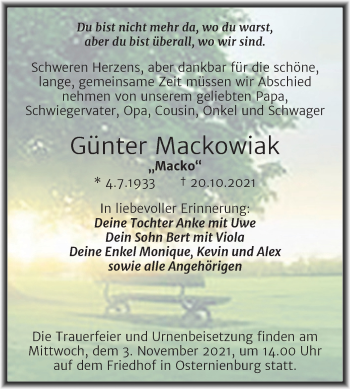 Traueranzeige von Günter Mackowiak von Trauerkombi Köthen