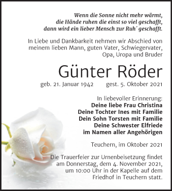 Traueranzeige von Günter Röder von Trauerkombi Weißenfels