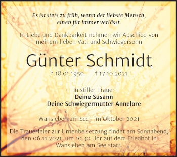Traueranzeige von Günter Schmidt von Trauerkombi Mansfelder Land