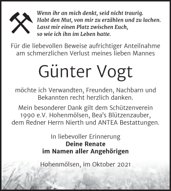 Traueranzeige von Günter Vogt von Trauerkombi Weißenfels