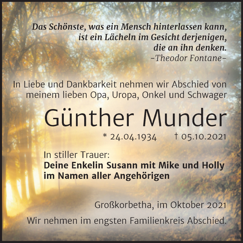  Traueranzeige für Günther Munder vom 20.10.2021 aus Trauerkombi Weißenfels