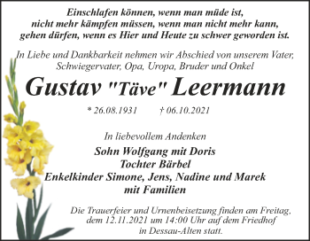 Traueranzeige von Gustav Leermann von Trauerkombi Dessau