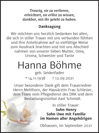 Traueranzeige von Hanna Böhme von Trauerkombi Merseburg