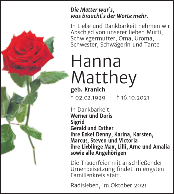 Traueranzeige von Hanna Matthey von Super Sonntag Quedlingburg