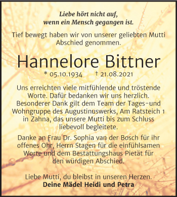 Traueranzeige von Hannelore Bittner von Trauerkombi Wittenberg