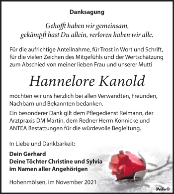 Traueranzeige von Hannelore Kanold von Trauerkombi Weißenfels