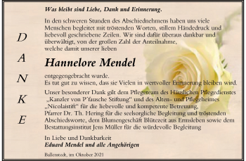 Traueranzeige von Hannelore Mendel von Trauerkombi Quedlinburg