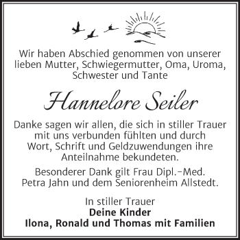 Traueranzeige von Hannelore Seiler von Trauerkombi Sangerhausen