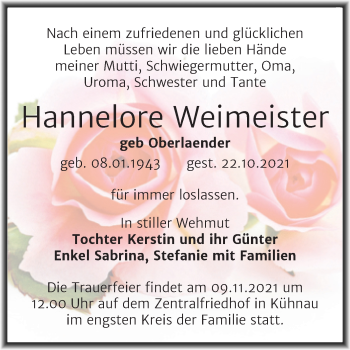 Traueranzeige von Hannelore Weimeister von Trauerkombi Dessau