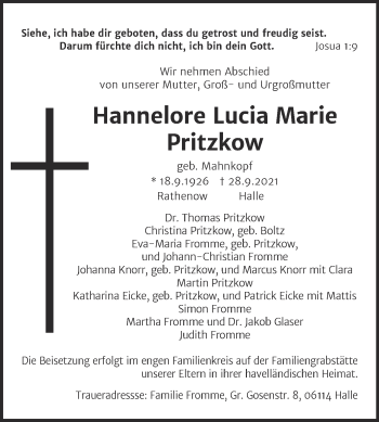 Traueranzeige von Hannelore Lucia Marie Pritzkow von Mitteldeutsche Zeitung Halle/Saalkreis