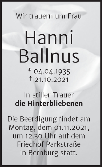 Traueranzeige von Hanni Ballnus von Trauerkombi Bernburg