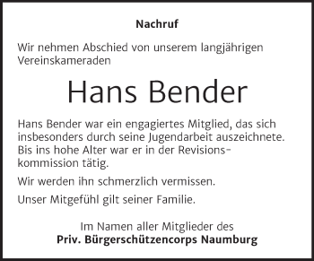 Traueranzeige von Hans Bender von Naumburger Tageblatt
