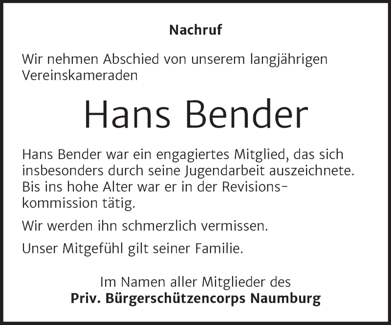  Traueranzeige für Hans Bender vom 02.10.2021 aus Naumburger Tageblatt
